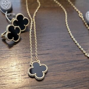 VC & A Black Clover Pendant Necklace and Earrings Set - Gold Tone